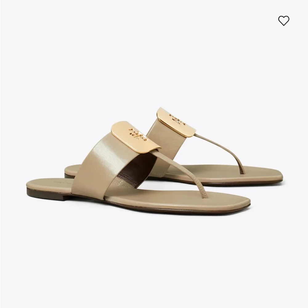 Tory Burch Taupe Georgia Slide Sandals with Gold Emblem